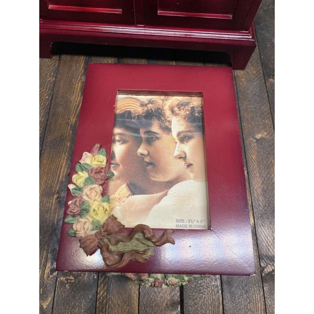 Set 2 Red Wood 4 Drawer Jewelry Chest With Resin Flowers And Trinket Photo Box